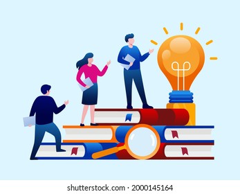 bombilla con personas, concepto de negocios. Libro de referencia. Trabajo en equipo de lluvia de ideas para una gran idea. Banner de ilustración de vector