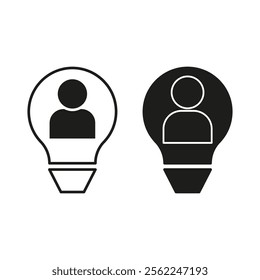 Lightbulb with people. Human creativity icon. Black and white outline. Innovation process vector.