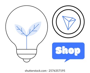 Lightbulb with a plant inside, a geometric gem icon in a circle, and a speech bubble with the word Shop. Ideal for eco-friendly, sustainability, innovation, commerce, online shopping, and technology