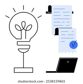 Bombilla con planta en el interior simboliza la creatividad y las ideas. Las listas de verificación en rollo de papel con una marca de verificación ilustran la administración de tareas. Laptop representa la tecnología. Ideal para sesiones de lluvia de ideas