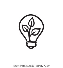 Bombilla y planta dentro del icono de boceto vectorial aislado en el fondo. Lámpara de mano y icono de planta interior. Icono de esbozo de una lámpara de luz y una planta en el interior para infografía, sitio web o aplicación.