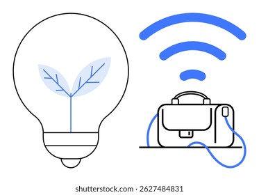 Lightbulb with plant symbolizing eco-innovation, alongside a briefcase connected to wireless signals. Ideal for sustainable business, green technology, business innovation, remote work, connectivity