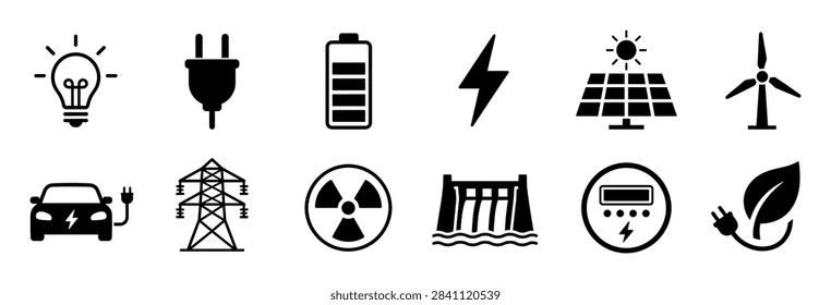 Lightbulb plug battery lightning solar panel wind turbine electric car power line nuclear dam meter leaf icons set