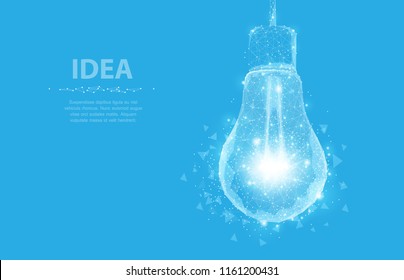 Lightbulb. Polygonal mesh art with crumbled edge on blue night sky with dots, stars and looks like constellation. Idea, electricity, innovation or other concept illustration or background