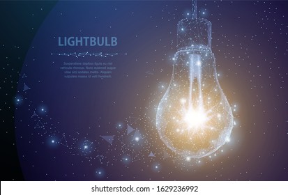 Lightbulb. Polygonal mesh art with crumbled edge on blue night sky with dots, stars and looks like constellation. Idea, electricity, innovation or other concept illustration or background