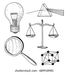 lightbulb and prism, crystal lattice and scale with magnifying glass. engraved hand drawn in old sketch and vintage symbols. Back to School Elements of Science or physics and laboratory experiments.
