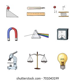 lightbulb and prism, crystal lattice and scale with magnifying glass. engraved hand drawn in old sketch and vintage symbols. Back to School Elements of Science or physics and laboratory experiments.