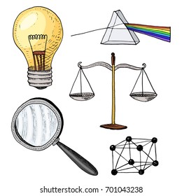 lightbulb and prism, crystal lattice and scale with magnifying glass. engraved hand drawn in old sketch and vintage symbols. Back to School Elements of Science or physics and laboratory experiments.