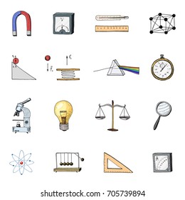 lightbulb and prism, crystal lattice and scale with magnifying glass. engraved hand drawn in old sketch and vintage symbols. Back to School Elements of Science or physics and laboratory experiments.