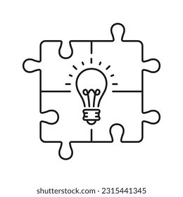 Bombilla en rompecabezas, Pictograma de concepto de solución. Innovación exitosa, Inspiración, Icono de línea de ideas. Signo de esquema de estrategia de invención. Vistazo en bombilla. Stroke editable. Ilustración de vectores aislados.