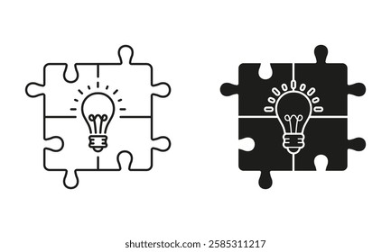 Lightbulb in Puzzle, Solution Symbol Collection. Success Innovation, Inspiration, Idea Line and Silhouette Icon Set. Invention Strategy. Editable Stroke. Isolated Vector Illustration.