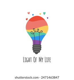 Lightbulb in rainbow color isolated on white background. Design element for LGBTQ culture decoration, t-shirt, flag, postcard, poster, social media post. Pride month.