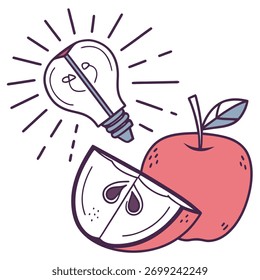 A lightbulb with rays above a sliced apple and a whole apple on a white background vector art, symbolizing ideas, knowledge and learning.
