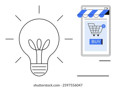 Lightbulb with rays lines next to a mobile device displaying a shopping cart and a buy button. Ideal for online shopping, e-commerce, innovation, mobile apps, and digital marketing themes. Minimalist