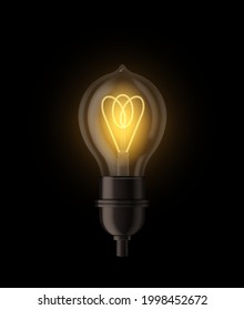 Bombilla de luz realista. Diseño lámpara de luz eléctrica, decoración luminosa de color amarillo brillante elemento único 3d aislado en el fondo negro oscuro. Equipamiento eléctrico. Símbolo de idea creativa vectorial