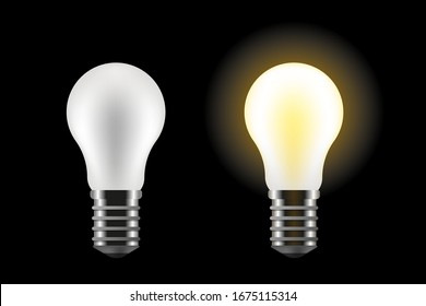 Lightbulb realistic vector collection on black isolated background, on and off, glowing and dark lamp light bulb illustration.