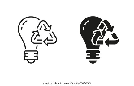 Línea de recursos de electricidad renovable Lightbulb y conjunto de iconos de silueta. Pictograma de bombilla Eco biodegradable. Colección de símbolos de lámparas de bajo consumo de energía en fondo blanco. Ilustración de vectores aislados.