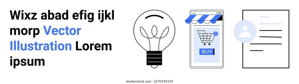 Lightbulb representing ideas, a mobile device showing e-commerce shopping cart with a Buy button, and a user profile page. Ideal for online shopping, digital marketing, user experience, innovation