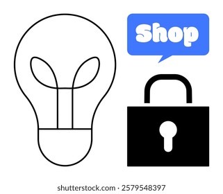 A lightbulb represents ideas, a padlock symbolizes security, and a speech bubble with Shop text indicates e-commerce. Ideal for online shopping, web security, e-commerce, innovation