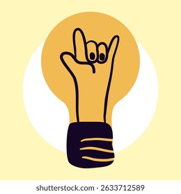 Lightbulb Rock and Roll love hand sign doodle hand drawn illustration