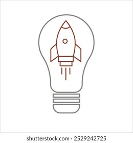 Glühbirne und Rakete - Eine Glühbirne mit einer Rakete startet von der Basis, kreative Idee startet Symbol. Ideenkonzept