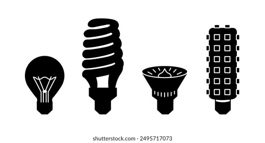 Lightbulb Set black Silhouettes of different types of lamp. Incandescent light bulb, fluorescent, halogen, diode. Energy saving lighting. LED. Outline lighting fixtures collection. Vector illustration