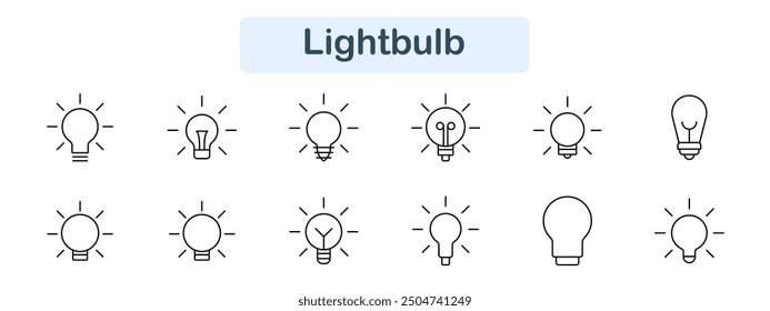 Icono de conjunto de bombillas. Bombilla, lámpara, idea, innovación, eléctrico, brillante, energía, luz, filamento, brillo, iluminación, concepto, invención, creatividad, brillante, lámpara, solución, poder, brillante, diseño.