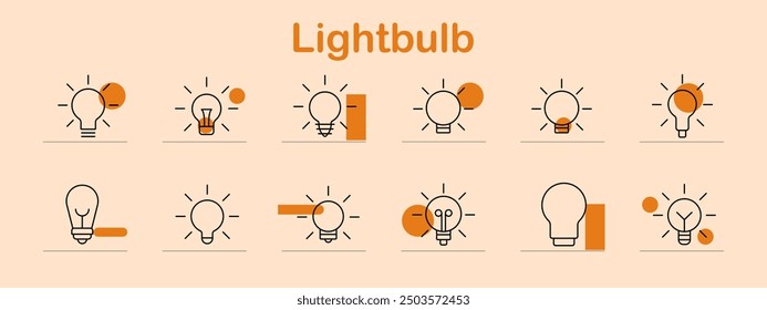 Icono de conjunto de bombillas. Idea, innovación, creatividad, energía, inspiración, lámpara, brillante, iluminación, solución, pensamiento, diseño, invención, imaginación, resplandor, electricidad, concepto.
