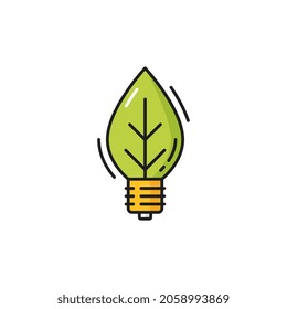 Lightbulb in shape of leaf plant, eco environment isolated color line icon. Vector pure planet and save the Earth concept, renewable green energy source, lightbulb with leaf, innovation technologies