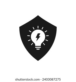 Bombilla y escudo. Icono plano de protección energética aislado en fondo blanco. Ilustración del vector