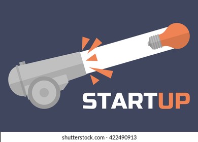 Lightbulb shot out of a cannon. Idea. Successful start up concept. Vector illustration
