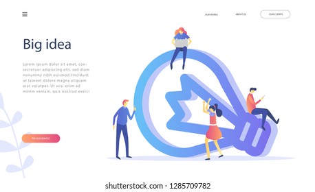 Lightbulb sign with happy people. Concept for landing page, template, ui,web, social media, mobile app, poster, banner. Big idea, Team work , smart team, startup 
