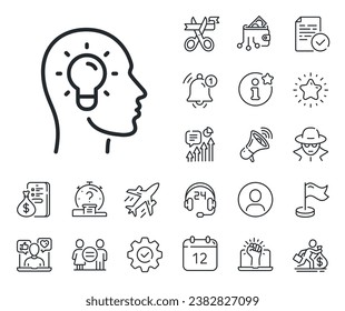 Lightbulb sign. Salaryman, gender equality and alert bell outline icons. Idea head line icon. Core value symbol. Idea head line sign. Spy or profile placeholder icon. Online support, strike. Vector