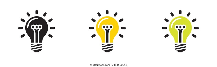 Lightbulb silhouette vector set in black, yellow, and green. Perfect for illustrating ideas, innovation, and energy in websites, presentations, and marketing. High-quality, minimalist design