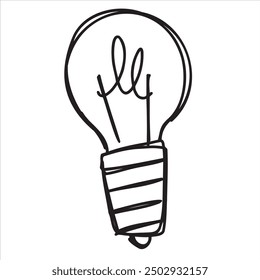 Lightbulb sketch drawing. Light Bulb idea invention. Simple line glass doodle electrical lamp. Black and white inspiration illuminated symbol