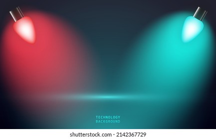 Lightbulb, Spotlights illuminate empty stage blue background. glowing blue , pink and red color. technology background , dark blue abstract room with illuminate horizontal neon lamp. 