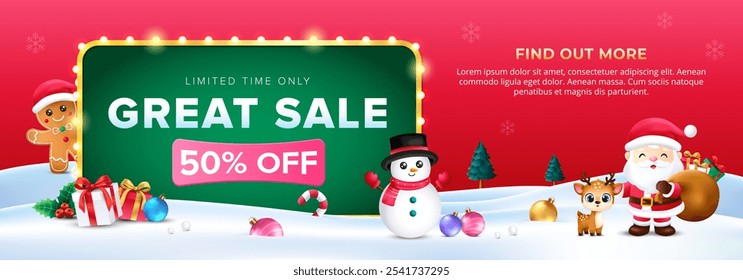 Lightbulb style Christmas sale banner with 3d santa, snowman, ginger bread, reindeer in red background. Vector template for greeting cards, promotional banner.