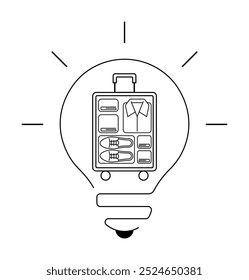 A lightbulb with a suitcase inside, packed neatly with items like shirts, shoes, and accessories. Ideal for travel, organization, minimalism, efficiency, and innovation. Modern minimalist style.