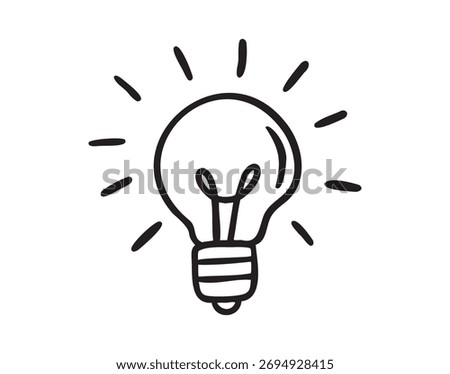 Lightbulb switched on, idea and insight doodle icon for study notes, hand drawn Monochrome line art outline, clean contour style, hand drawn.. Vector illustration.