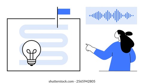 Lightbulb symbol on a maze path, a flag, a soundwave graph, and a person pointing. Ideal for innovation, technology, problem-solving, navigation, and audio-themed projects. Simple flat design