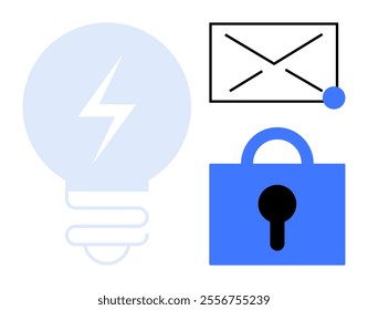 Lightbulb symbolizing ideas, an envelope for messaging, and a padlock for security. Ideal for innovation, communication, security, email notifications and tech solutions themes. Simple flat style