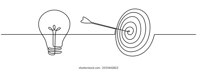 Lightbulb with target and arrow continuous one line drawing. Startup idea concept. Vector illustration isolated on white.