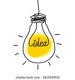 Lightbulb and text idea- creative sketch, hand drawn vector illustration. Electric lamp logo sign.