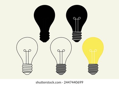 Lightbulb Vector Clipart Set Outline, Stamp  Color Graphic Electricity  Lit and Off Commercial Use 