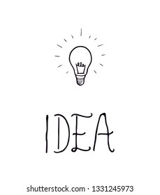 Lightbulb vector hand drawn illustration symbol for idea combined with idea letters text tittle. Simple detail message light symbol silhouette icon black outline sketch drawing. Bulb bright logo. 