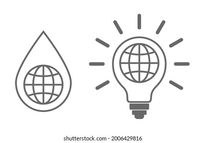 lightbulb and water drop with globe icon isolated on white background