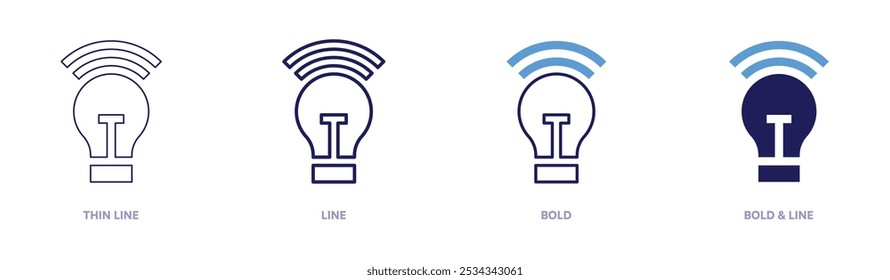 Icono wifi de bombilla en 4 estilos diferentes. Línea delgada, línea, negrita y línea negrita. Estilo duotono. Trazo editable.