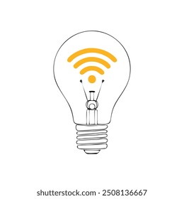 Lightbulb with wifi symbol. Hand drawn illustration of a lightbulb with a wifi symbol inside. Conceptual image for ideas, innovation, and wireless technology.