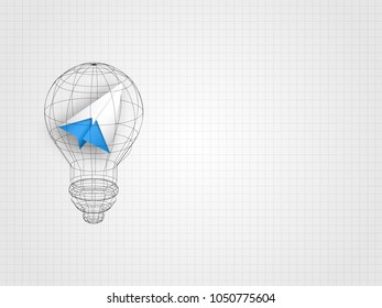 The lightbulb wireframe containing origami airplane on grid background represent design thinking and innovation concept. Business and idea concept. Technology background. Vector illustration.
