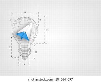 The lightbulb wireframe with ratio containing origami airplane on grid background represent design thinking and innovation concept. Business and idea concept. Technology background. 